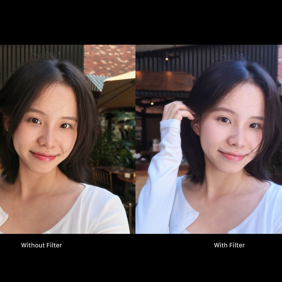 Comparison of a woman's portrait side-by-side, labeled Without Filter and With Filter to show the cooling effect of the Skin Softening Filter with Insta360 Luna Pro, reducing orange tint from image for a more pleasing skin tone.