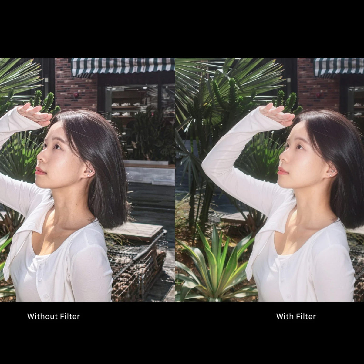 Side-by-side comparison showing a portrait of a person with harsh lighting without a filter versus a 1/4 Black Mist Filter to create a soft diffusion look for the Insta360 Luna Pro