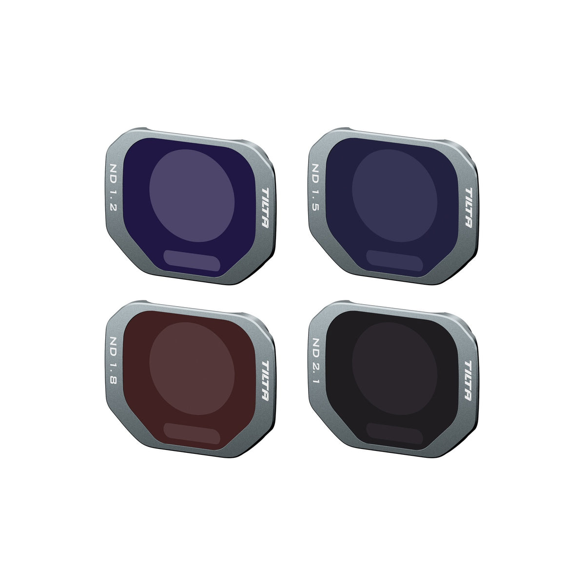 Set of four Tilta ND filters with varying densities labeled ND 1.2, ND 1.5, ND 1.8, and ND 2.1
