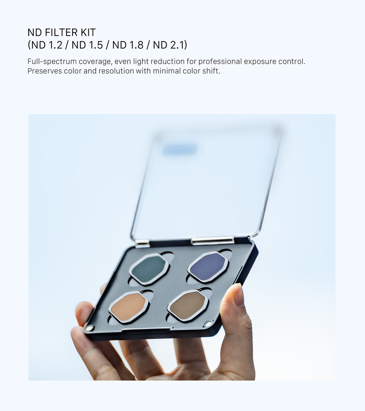 Tilta ND Filter Kit containing ND 1.2, 1.5, 1.8, and 2.1 filters in a protective carrying case for professional exposure control