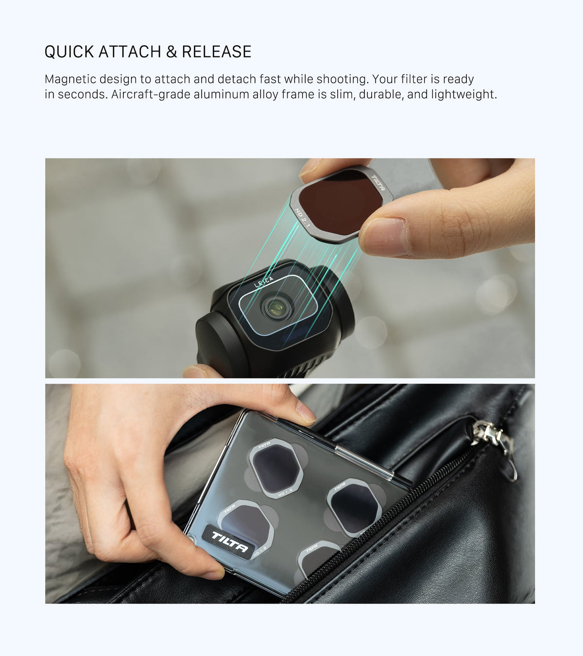 Tilta magnetic ND filter attaching to Insta360 Luna Pro and a set of filters in a protective case