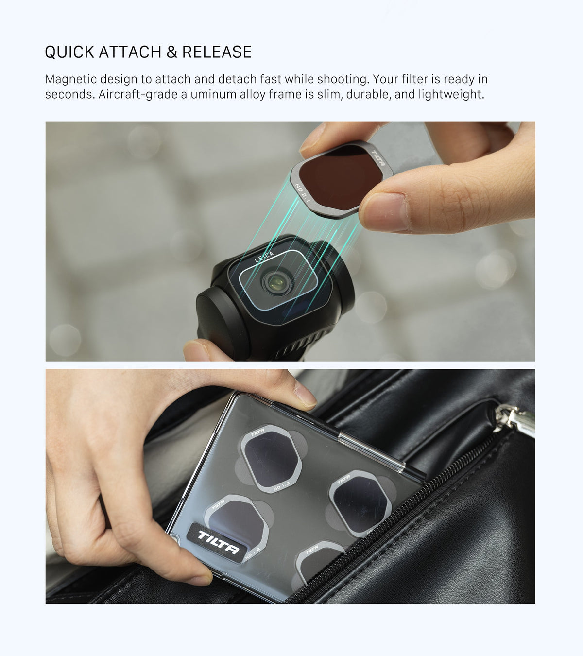 Magnetic Tilta filter being attached to a Luna Pro, with a set of ND filters shown in a storage case