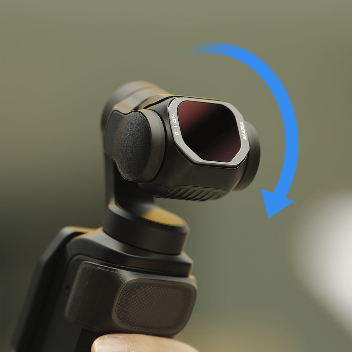 Tilta ND 1.8 magnetic filter attached to Insta360 Luna Pro, demonstrating easy installation with a rotation icon