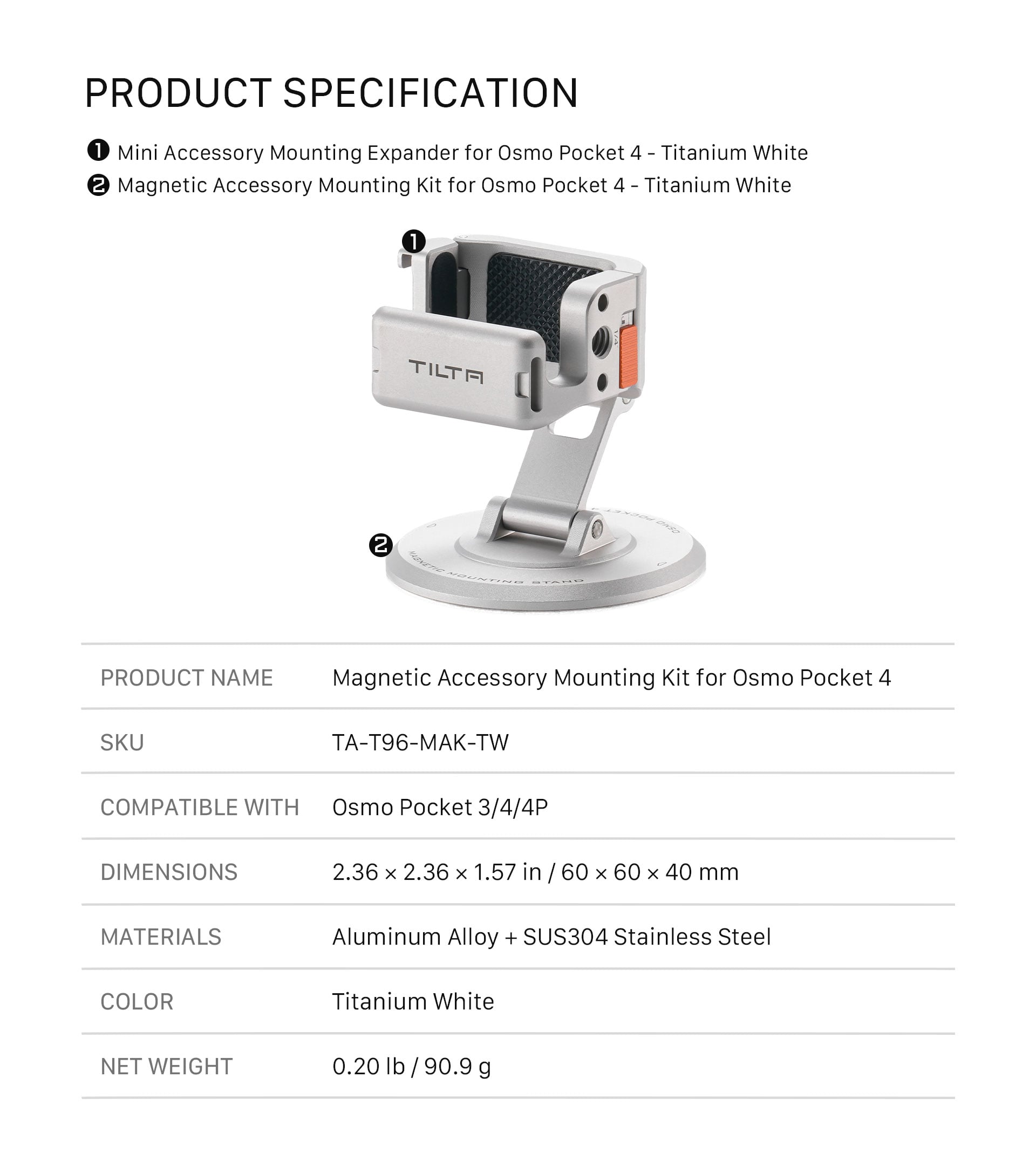 Magnetic Accessory Mounting Kit for Osmo Pocket 4 – Titanium White